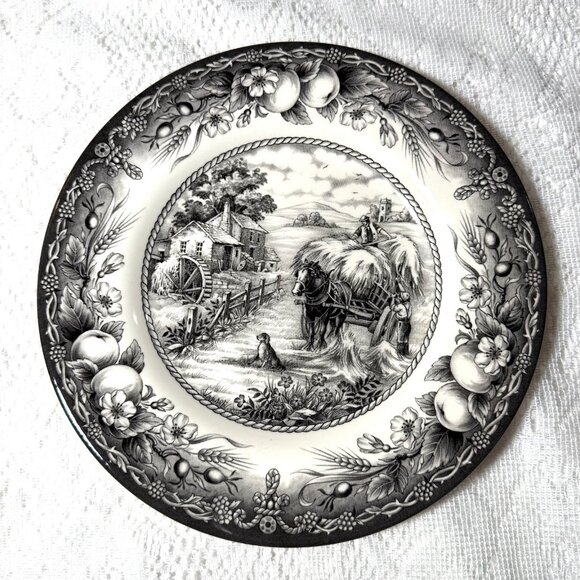 ROYAL STAFFORD Hayride Black Salad Plate - Set of 2, Harvest Scene, Horse & Dog - Picture 2 of 6